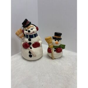 Ceramic Snowman Christmas Figurine Smiling Face 1983 Vintage With Mini Snowman